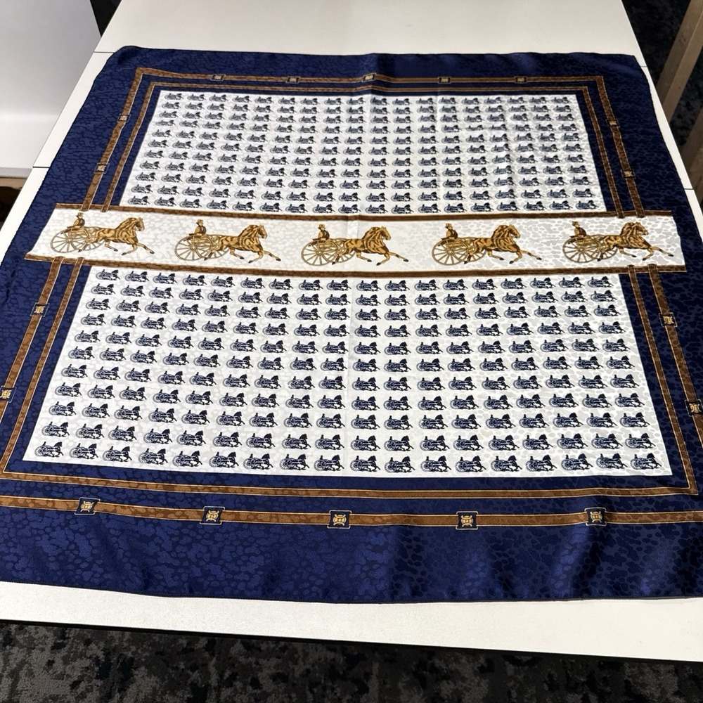 VTG Equestrian Satin Square Blue White Large Scarf 34" Luxury Horses Carriage